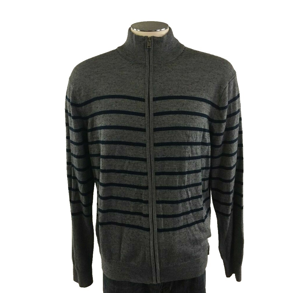 Michael Kors Full Zip Mockneck Sweater XL Blue Gray‎ Stripe Wool Acrylic Mens